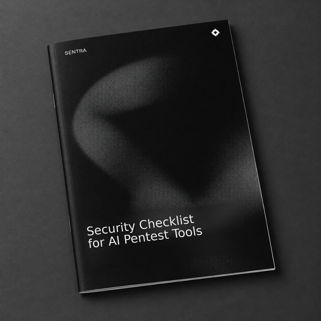 A booklet titled “Security Checklist for AI Pentest Tools” with the Sentra logo on a dark grey background.